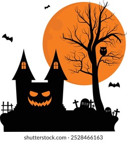 Haunted House Silhouette Dead Tree Scary Owl With Full Moon Background