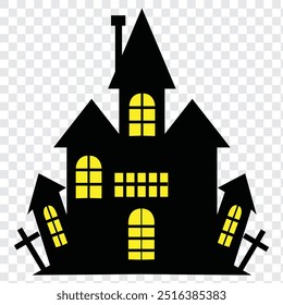 Haunted house silhouette with flying bats, Halloween spooky house icon. EPS 10.