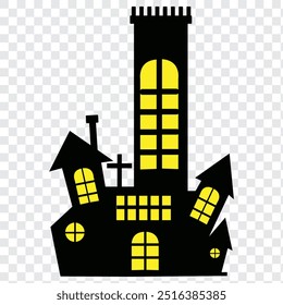 Haunted house silhouette with flying bats, Halloween spooky house icon. EPS 10.