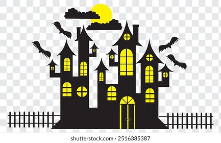 Haunted house silhouette with flying bats, Halloween spooky house icon. EPS 10.