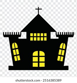 Haunted house silhouette with flying bats, Halloween spooky house icon. EPS 10.