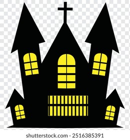 Haunted house silhouette with flying bats, Halloween spooky house icon. EPS 10.