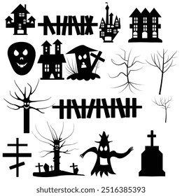 Haunted house silhouette with flying bats, Halloween spooky house icon. EPS 10.