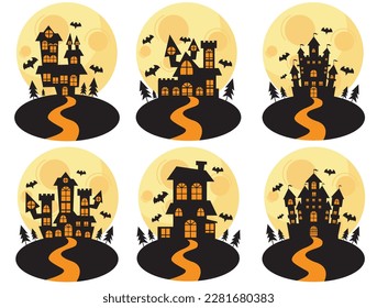 Haunted House Silhouette in front Full Moon Collection  Scary Halloween House Bundle set  Vector Illustration 