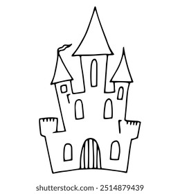 Haunted house silhouette. Outline black drawing for Halloween. Hand drawn isolated graphic clipart. Line illustration with mansion for creepy invitation decor, horror. Simple Doodle style.