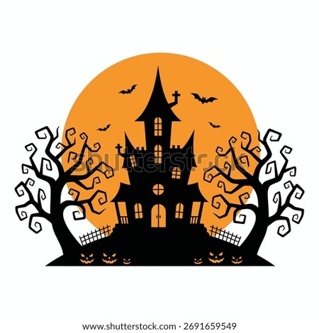 Haunted House Silhouette With Twisted Trees And Pumpkins Under Full Moon  Minimalist Halloween Vector Background