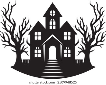 Haunted House Silhouette vector art illustration on the white background