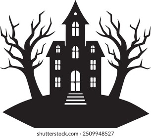 Haunted House Silhouette vector art illustration on the white background