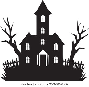 Haunted house silhouette vector art illustration with a white background