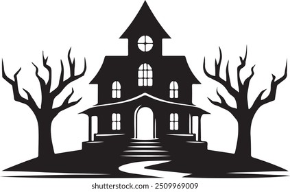 Haunted house silhouette vector art illustration with a white background