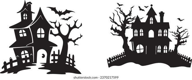 Haunted House Silhouette Vector: A Collection for Halloween, Scary House Bundle Set, Nighttime Halloween and Bat House Logo