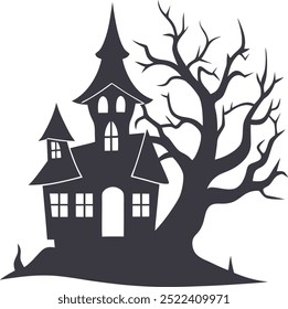 Haunted house silhouette vector, Haunted house, Creepy tree. Vector illustration