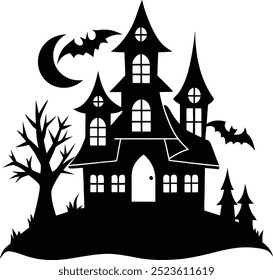 "Haunted House Silhouette Vetors. Ilustração e design de arte para impressão. Projetos temáticos do Halloween, esses gráficos caseiros assustadores e assustadores estão prontos para download digital. 
