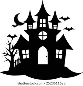 «Haunted House Silhouette Vectores. Ilustración y Diseño de Arte de Línea para Impresión. Proyectos con temática de Halloween, estos espeluznantes y misteriosos gráficos de casas encantadas están listos para la Descarga digital. 
