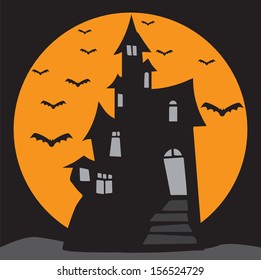 A Haunted House silhouetted by a full moon with bats flying suitable for Halloween Art