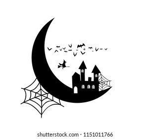 haunted house and spider web, black silhouette vector on a white background