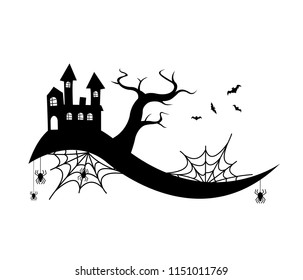 haunted house and spider web, black silhouette vector on a white background