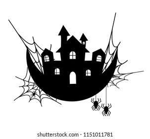 haunted house and spider web, black silhouette vector on a white background