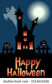 Haunted house staying in the moonlight. Ghost is flying in the sky. Jack-o'-lanterns staying on the fence. Big scary castle with evil light inside it. Halloween greeting card.