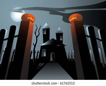 Haunted house surrounded by a fence with a gate with two shone Jack O' Lanterns