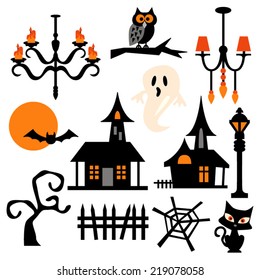 Haunted house theme vector clip art. Chandelier, ghost, cat, full moon. Great for halloween projects.