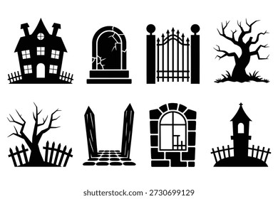 Haunted house tombstone gate bare trees church tower window