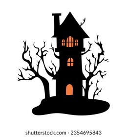 Häusliches Häuschen mit spukten Bäumen Halloween, Vektorgrafik.