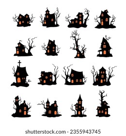 Haunted house with haunted trees Halloween vector illustration.