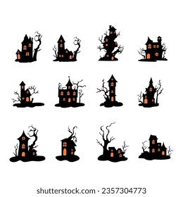 Haunted house with haunted trees Halloween vector illustration.