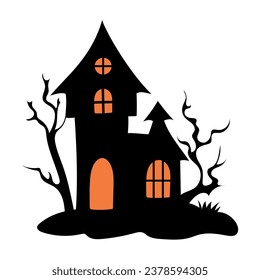 Haunted house with haunted trees Halloween vector illustration.