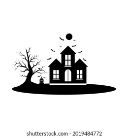 Haunted house with haunted trees, tombstones and bats flying on the rooftops. vector illustration on halloween.