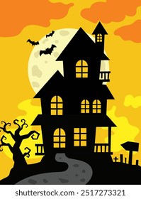 Haunted house under full moon with trees for Halloween night. Perfect for party invitations, social media, festive event promotions.