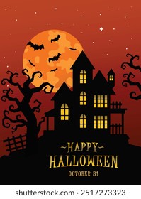 Casa encantada bajo luna llena con árboles para la noche de Halloween. Perfecto para invitaciones de fiesta, redes sociales, promociones de eventos festivos.