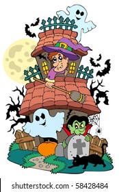 Haunted house with various characters - vector illustration.