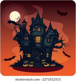 haunted house vector icon with orange background