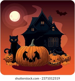 haunted house vector icon with orange background