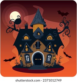 haunted house vector icon with orange background