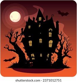 haunted house vector icon with orange background