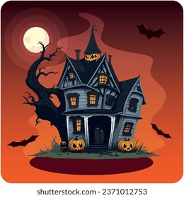 haunted house vector icon with orange background