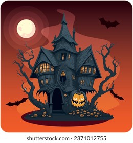 haunted house vector icon with orange background