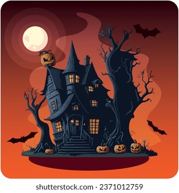 haunted house vector icon with orange background