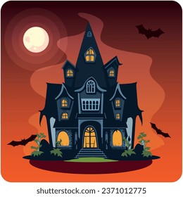 haunted house vector icon with orange background