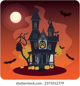 haunted house vector icon with orange background