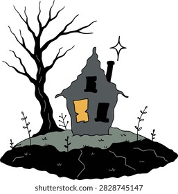 Haunted house vector illustration with bare tree and glowing window
