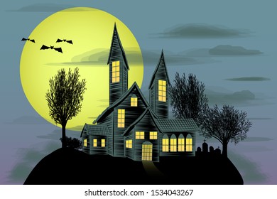 Haunted house vector illustration with dark horror atmosphere and creepy details at full moon. Spooky mansion with black tree silhouettes in frightful scene for Halloween and scary template design.