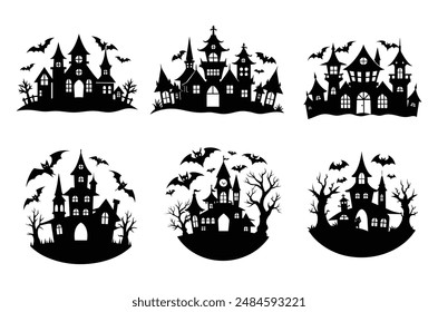 Ilustración vectorial de casa encantada, silueta de casa encantada de Halloween, casa fantasma