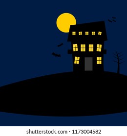 haunted houses with lighting window in the dark; Halloween night background. 