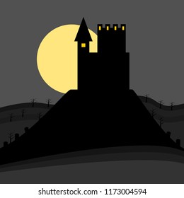 haunted houses with lighting window in the dark; Halloween night background. 