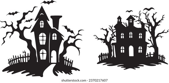 Haunted Houses at Night: A Halloween Silhouette Vector Collection, Scary House Bundle Set, and Bat House Logo