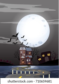 Haunted houses on fullmoon night illustration